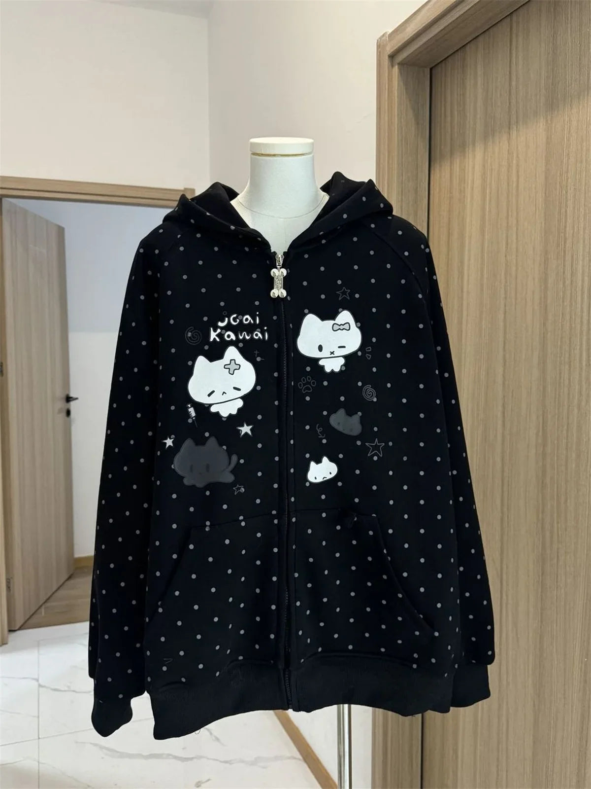 Japanese Y2k Hoodies Jackets Women Clothes Polka Dot Cat Print Sweatshirts 2025 Ropa Mujer Casual Chic Hooded Cute Hoodie Tops LadyShow.Store