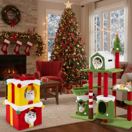 Cat Furniture Set with 58 Inch Tall Cat Tree Tower and 2 Gift Box Shaped Cute Christmas Cat House LuxuryLifeWay Online Store