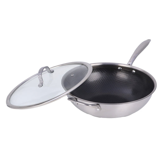 Brentwood 12-inch 4.2 Quarts Hybrid Non-Stick Stainless Steel Wok with Glass Lid LuxuryLifeWay Online Store