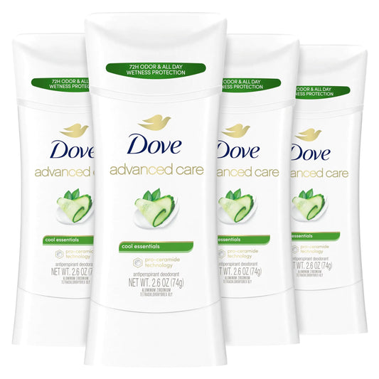 Dove Advanced Care Antiperspirant Deodorant Stick Cool Essentials 4 ct for helping your skin barrier repair after shaving 72 hour odor control and sweat protection with Pro Ceramide Technology 2.6 oz 2.6 Ounce (Pack of 4)