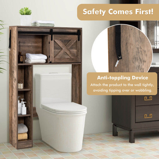 4-Tier Over The Toilet Storage Cabinet with Sliding Barn Door and Storage Shelves-Brown - Color: Brown LuxuryLifeWay Online Store