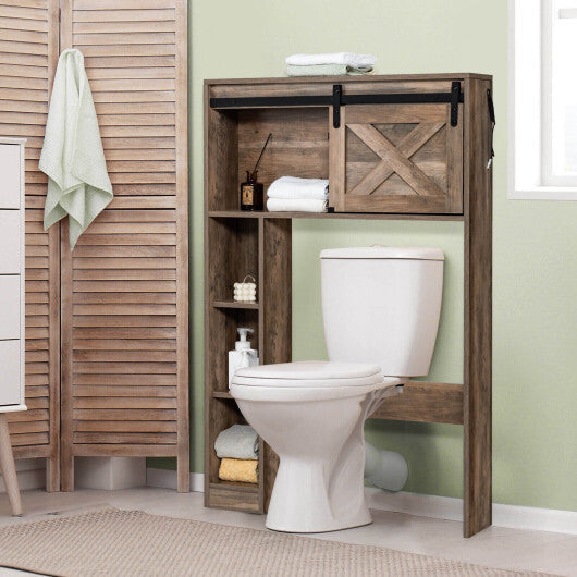 4-Tier Over The Toilet Storage Cabinet with Sliding Barn Door and Storage Shelves-Brown LuxuryLifeWay Online Store
