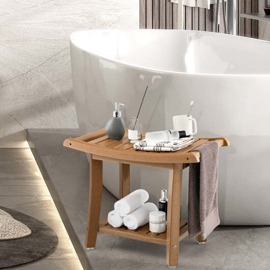Waterproof Bath Stool with Curved Seat and Storage Shelf-Brown LuxuryLifeWay Online Store