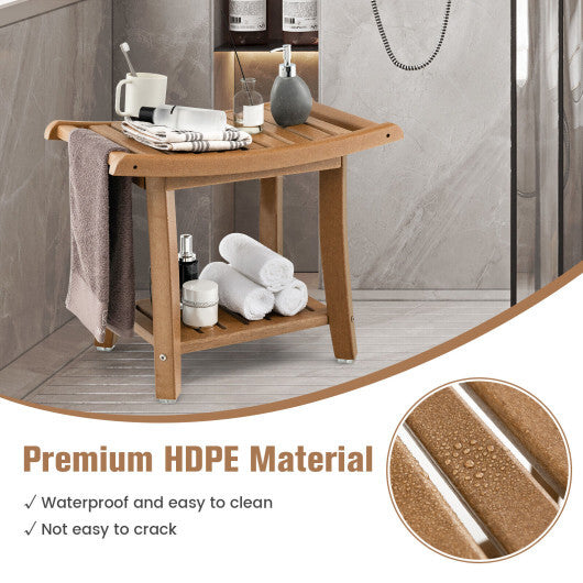 Waterproof Bath Stool with Curved Seat and Storage Shelf-Brown LuxuryLifeWay Online Store