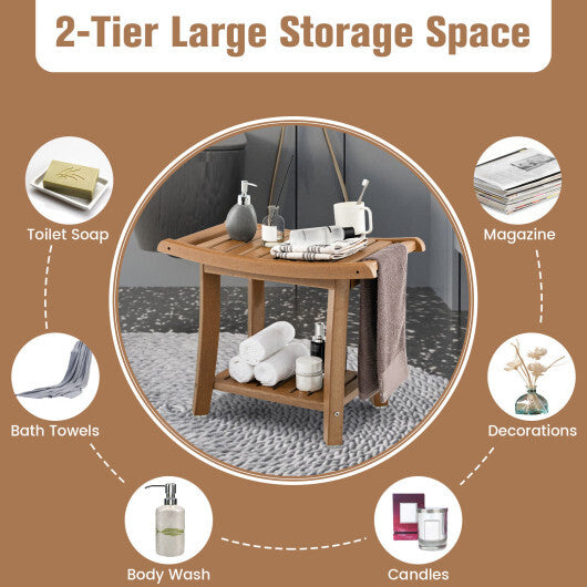 Waterproof Bath Stool with Curved Seat and Storage Shelf-Brown LuxuryLifeWay Online Store