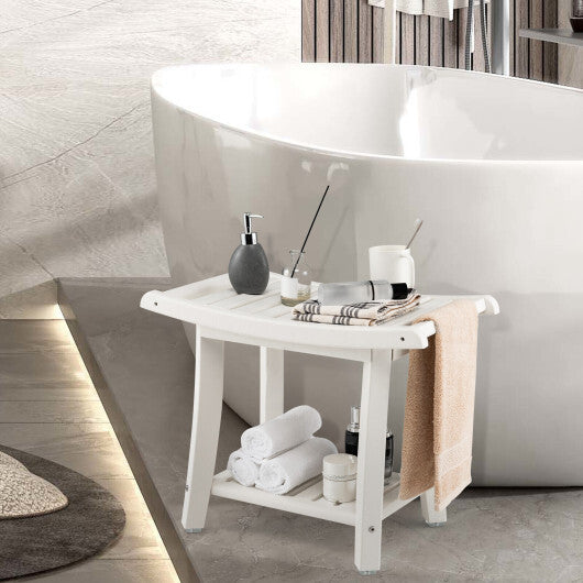 Waterproof Bath Stool with Curved Seat and Storage Shelf-Brown LuxuryLifeWay Online Store