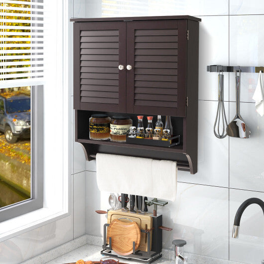 2-Doors Bathroom Wall-Mounted Medicine Cabinet with Towel Bar-Brown