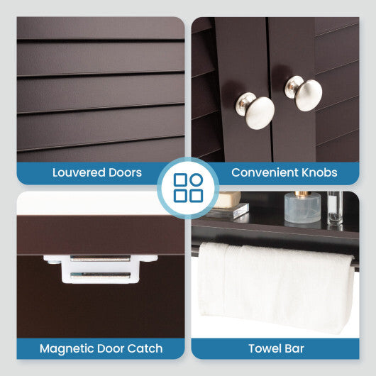 2-Doors Bathroom Wall-Mounted Medicine Cabinet with Towel Bar-Brown