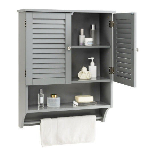 2-Doors Bathroom Wall-Mounted Medicine Cabinet with Towel Bar-Brown