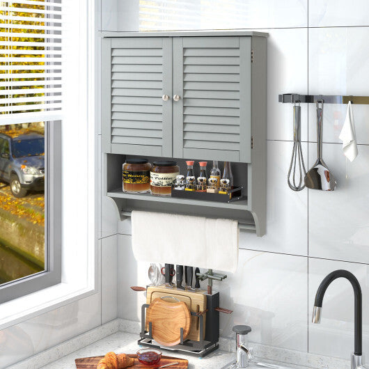 2-Doors Bathroom Wall-Mounted Medicine Cabinet with Towel Bar-Brown