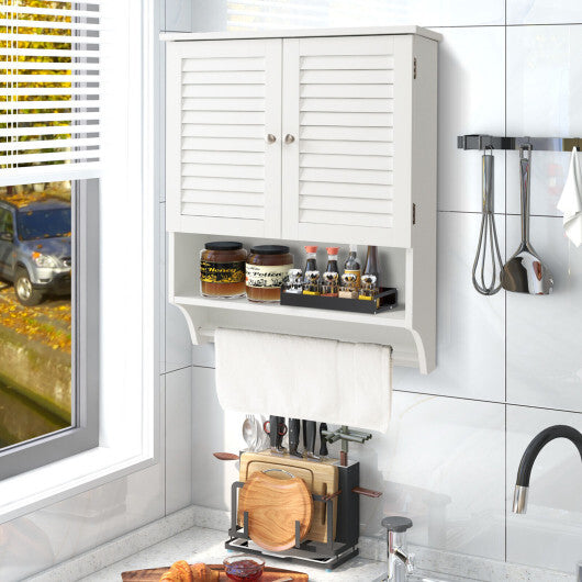 2-Doors Bathroom Wall-Mounted Medicine Cabinet with Towel Bar-Brown