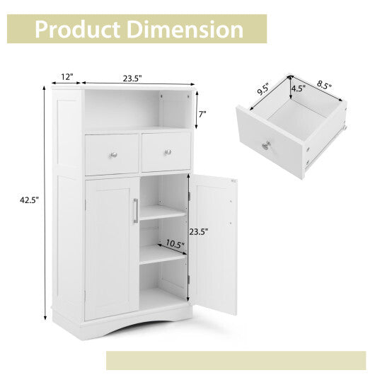 2 Doors Freeestanding Bathroom Floor Cabinet with 2 Drawers and Adjustable Shelves-White