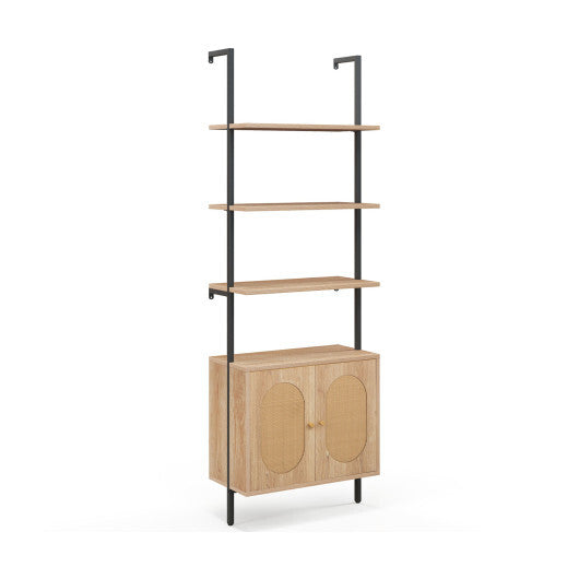 72.5 Inch 6-Tier Wall Mounted Ladder Bookshelf with Rattan Cabinet-Natural