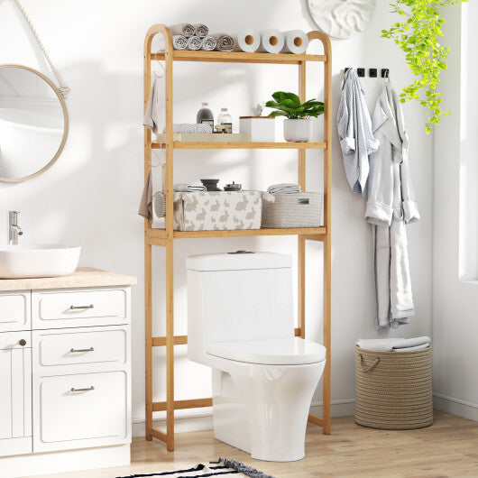 3-Tier Bamboo Bathroom Floor Organizer with 5-Position Shelves and 3 Hooks-Natural