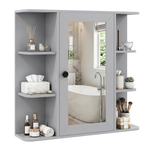 Wall Mounted Bathroom Medicine Cabinet with Mirror and Shelves-Gray