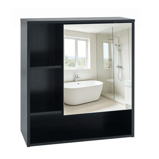 Wall-Mounted Mirror Cabinet with 2 Hidden Shelves and 3 Open Compartments-Black LuxuryLifeWay Online Store