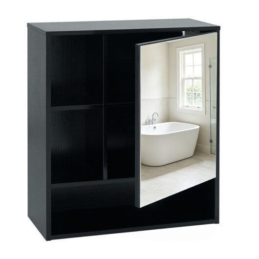 Wall-Mounted Mirror Cabinet with 2 Hidden Shelves and 3 Open Compartments-Black LuxuryLifeWay Online Store
