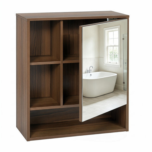 Wall-Mounted Mirror Cabinet with 2 Hidden Shelves and 3 Open Compartments-Black LuxuryLifeWay Online Store