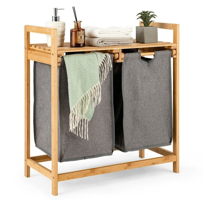 Natural Bamboo 2 Bin Sliding Laundry Hamper with Storage Shelf LuxuryLifeWay Online Store