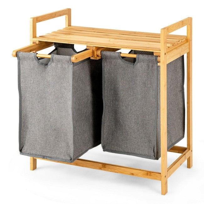 Natural Bamboo 2 Bin Sliding Laundry Hamper with Storage Shelf LuxuryLifeWay Online Store