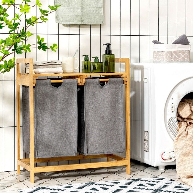 Natural Bamboo 2 Bin Sliding Laundry Hamper with Storage Shelf LuxuryLifeWay Online Store