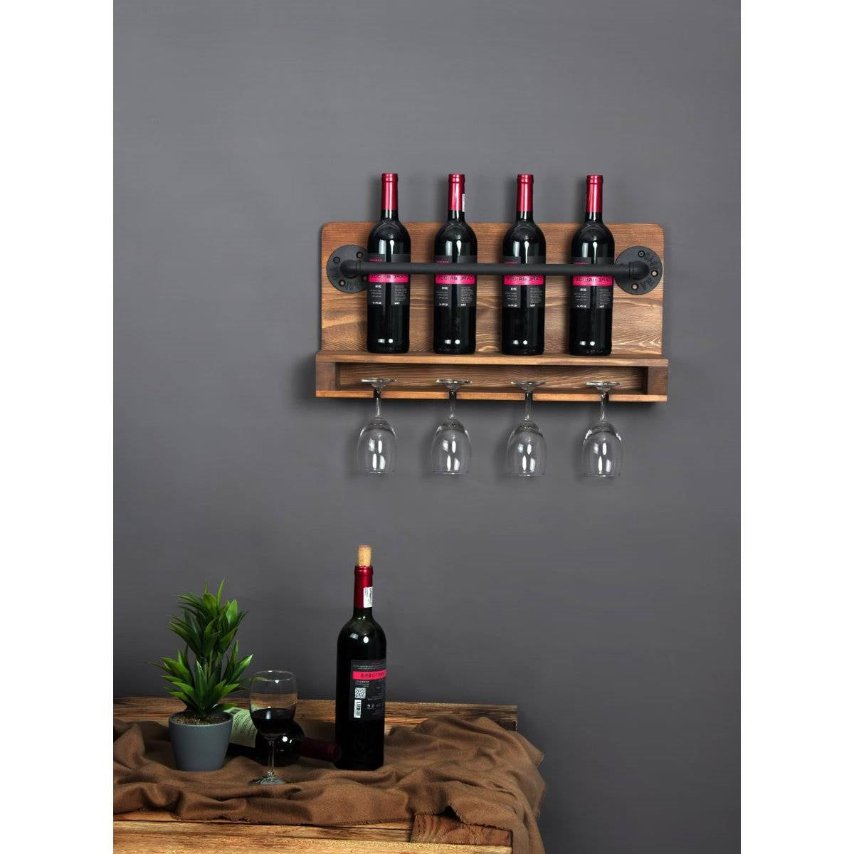 4 Bottle Rustic Farmhouse Wall Mounted Wine Rack with Glass Holder LuxuryLifeWay Online Store