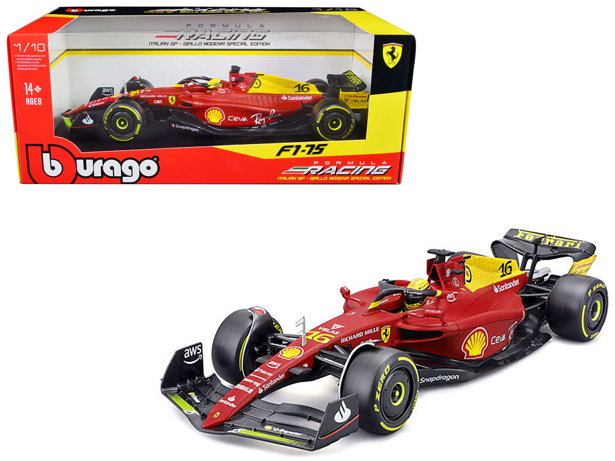 Ferrari F1-75 #16 Charles Leclerc "Giallo Modena" 2nd Place Formula One F1 Italian GP (2022) "Formula Racing" Series 1/18 Diecast Model Car by Bburago LuxuryLifeWay Online Store
