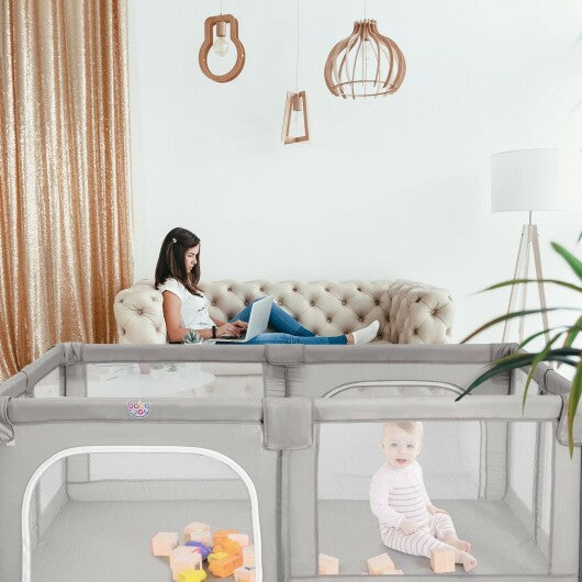 75 x 59 Inch Large Baby Playpen with Breathable Mesh and Zipper Doors-Gray LuxuryLifeWay Online Store