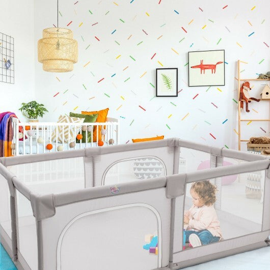 75 x 59 Inch Large Baby Playpen with Breathable Mesh and Zipper Doors-Gray LuxuryLifeWay Online Store