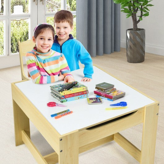 Kids Table Chairs Set With Storage Boxes Blackboard Whiteboard Drawing-Natural LuxuryLifeWay Online Store