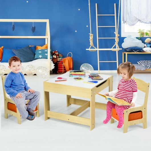 Kids Table Chairs Set With Storage Boxes Blackboard Whiteboard Drawing-Natural LuxuryLifeWay Online Store