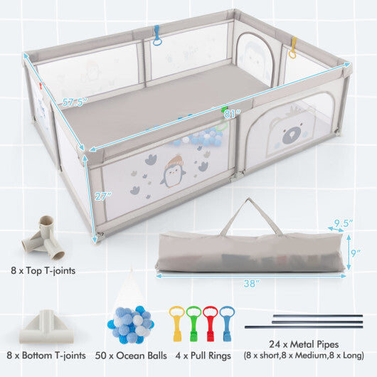 Large Baby Playpen with Pull Rings Ocean Balls and Cute Pattern-Penguin LuxuryLifeWay Online Store