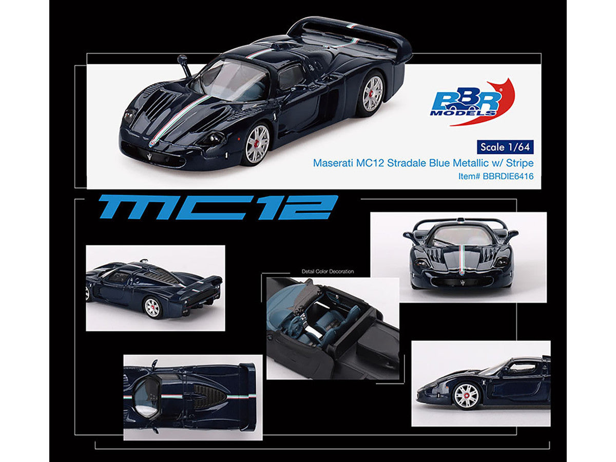 Maserati MC12 Stradale Blue Metallic with White Stripe 1/64 Diecast Model Car by BBR LuxuryLifeWay Online Store