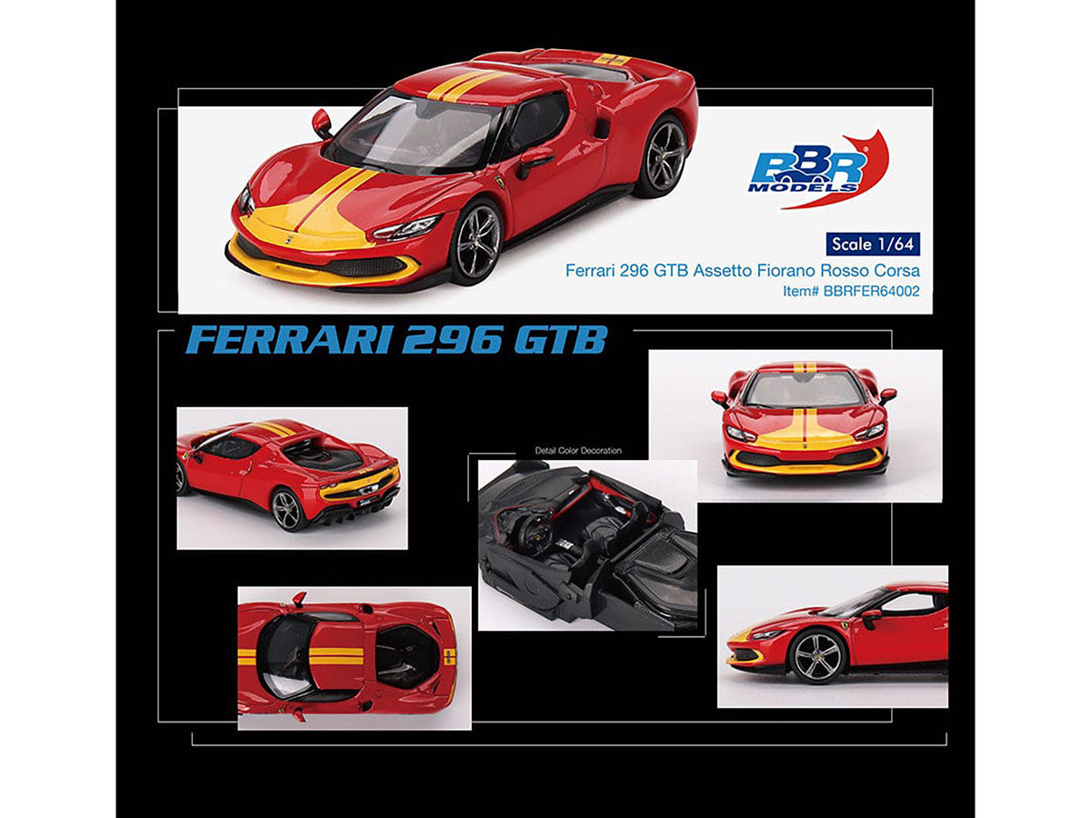 Ferrari 296 GTB Assetto Fiorano Rosso Corsa Red with Yellow Stripes 1/64 Diecast Model Car by BBR LuxuryLifeWay Online Store