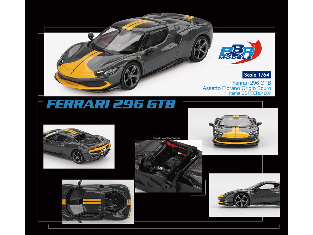 Ferrari 296 GTB Assetto Fiorano Grigio Scuro (Dark Gray) with Yellow Stripes 1/64 Diecast Model Car by BBR LuxuryLifeWay Online Store