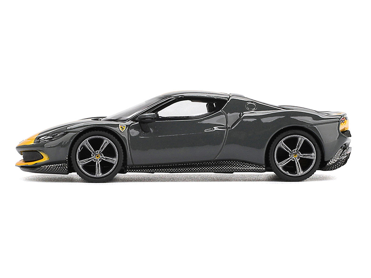 Ferrari 296 GTB Assetto Fiorano Grigio Scuro (Dark Gray) with Yellow Stripes 1/64 Diecast Model Car by BBR LuxuryLifeWay Online Store