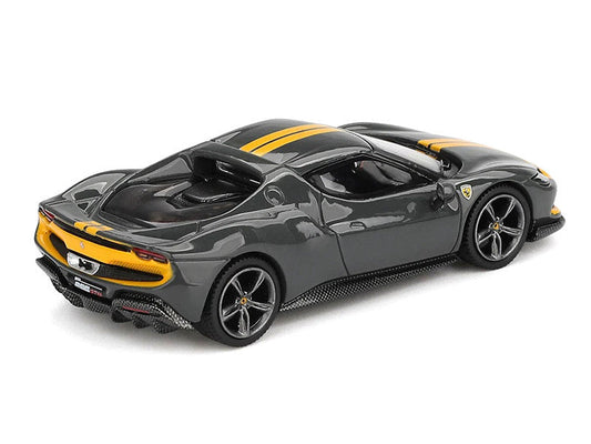 Ferrari 296 GTB Assetto Fiorano Grigio Scuro (Dark Gray) with Yellow Stripes 1/64 Diecast Model Car by BBR LuxuryLifeWay Online Store