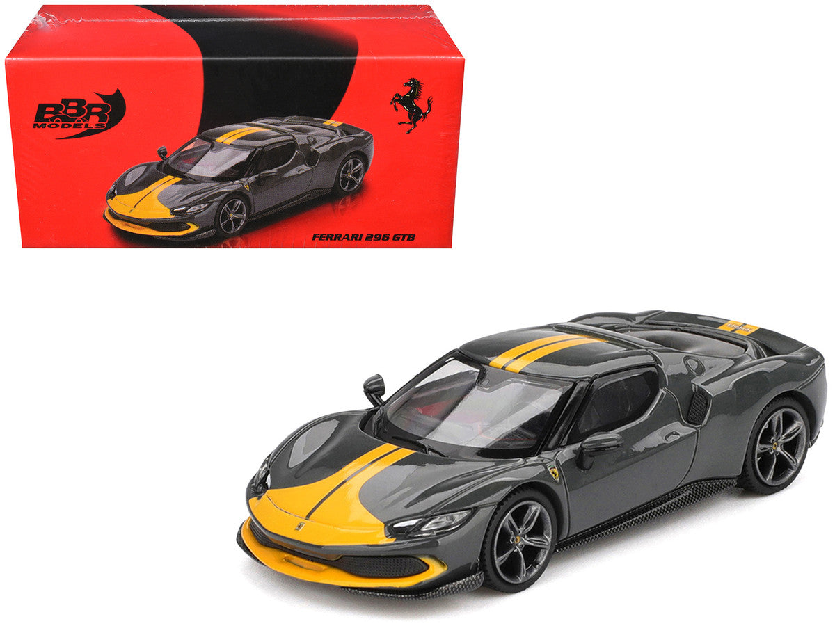 Ferrari 296 GTB Assetto Fiorano Grigio Scuro (Dark Gray) with Yellow Stripes 1/64 Diecast Model Car by BBR LuxuryLifeWay Online Store