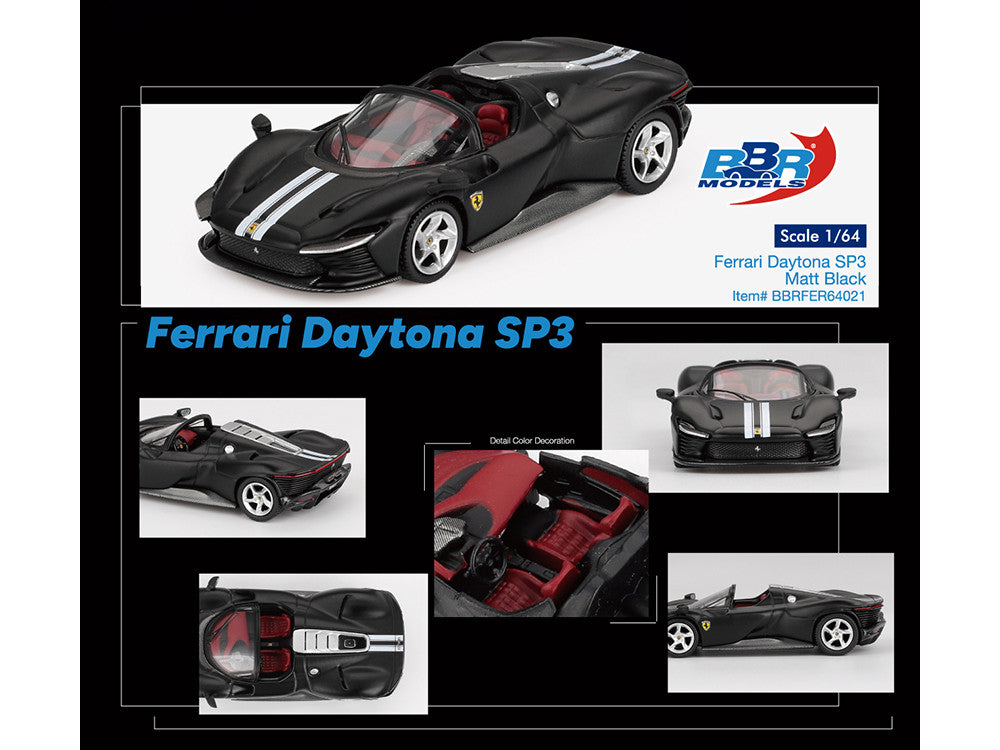 Ferrari Daytona SP3 Matt Black with White Stripes and Red Interior 1/64 Diecast Model Car by BBR LuxuryLifeWay Online Store