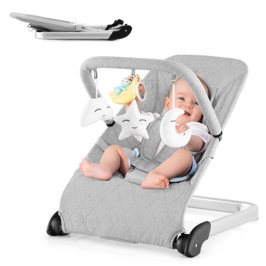 Foldable Baby Bouncer with Removable Fabric Cover and Toy Bar-Gray LuxuryLifeWay Online Store