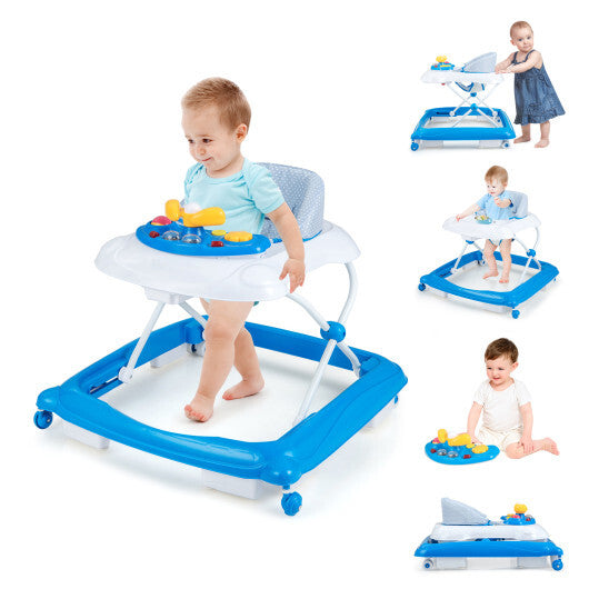Foldable Baby Walker with 3 Adjustable Heights and Padded Seat-Blue LuxuryLifeWay Online Store