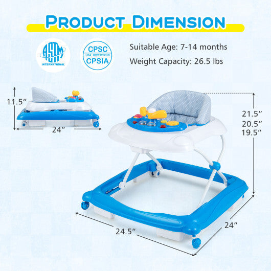 Foldable Baby Walker with 3 Adjustable Heights and Padded Seat-Blue LuxuryLifeWay Online Store