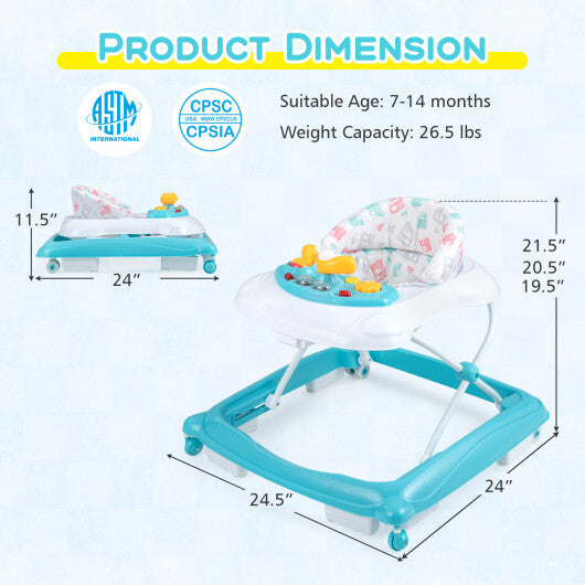 Foldable Baby Walker with 3 Adjustable Heights and Padded Seat-Blue LuxuryLifeWay Online Store