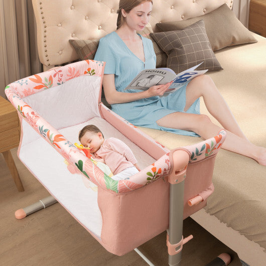 Folding Baby Bassinet Bedside Sleeper with 4 Adjustable Heights-Pink LuxuryLifeWay Online Store