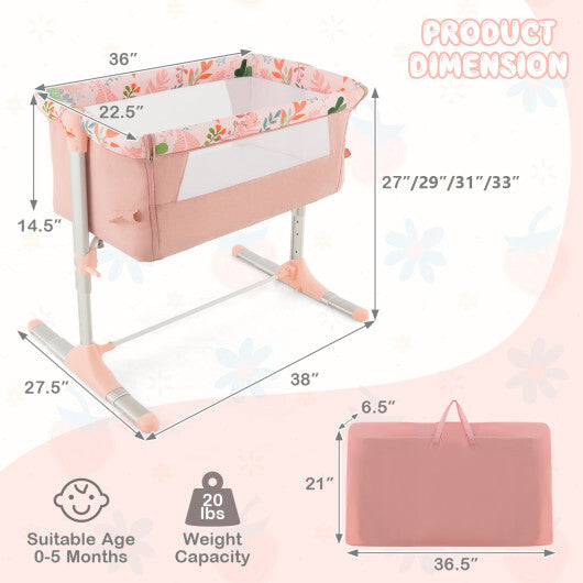 Folding Baby Bassinet Bedside Sleeper with 4 Adjustable Heights-Pink LuxuryLifeWay Online Store