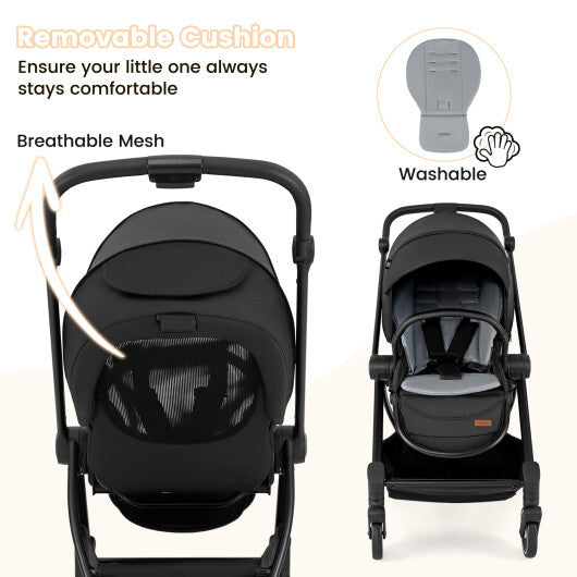 Foldable Infant Pram Stroller with Reversible Seat Reclining Backrest-Gray LuxuryLifeWay Online Store