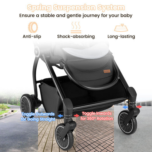Foldable Infant Pram Stroller with Reversible Seat Reclining Backrest-Gray LuxuryLifeWay Online Store