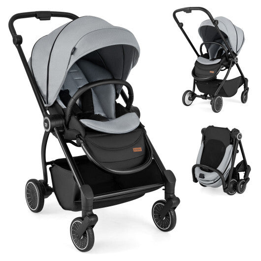 Foldable Infant Pram Stroller with Reversible Seat Reclining Backrest-Gray LuxuryLifeWay Online Store