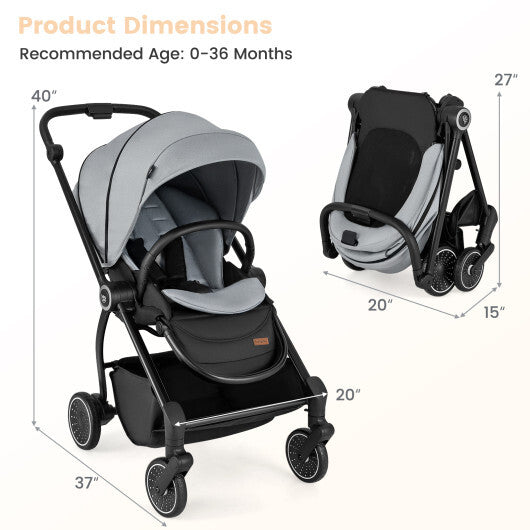 Foldable Infant Pram Stroller with Reversible Seat Reclining Backrest-Gray LuxuryLifeWay Online Store