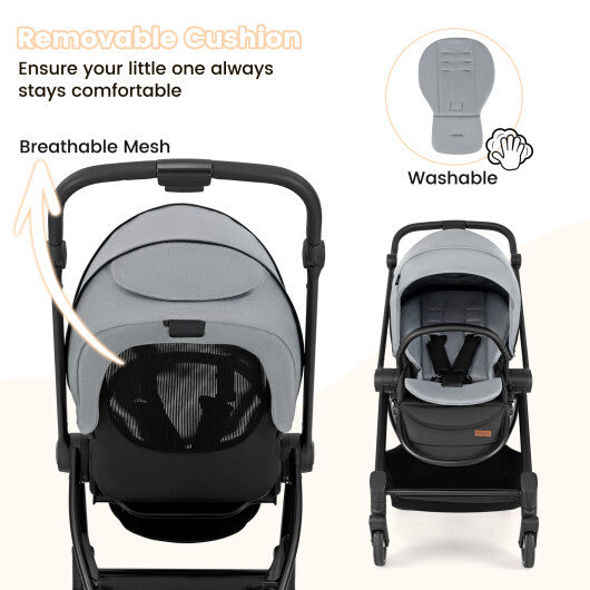 Foldable Infant Pram Stroller with Reversible Seat Reclining Backrest-Gray LuxuryLifeWay Online Store